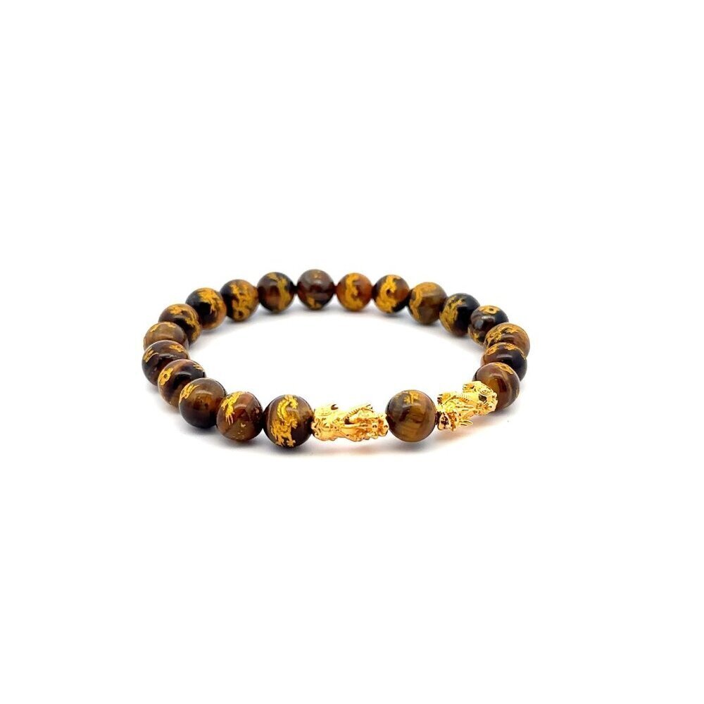 18k Gold Dragon Pixiu Double Piyao Lucky Charm Bracelet Gemstones Tiger's Eye 8m